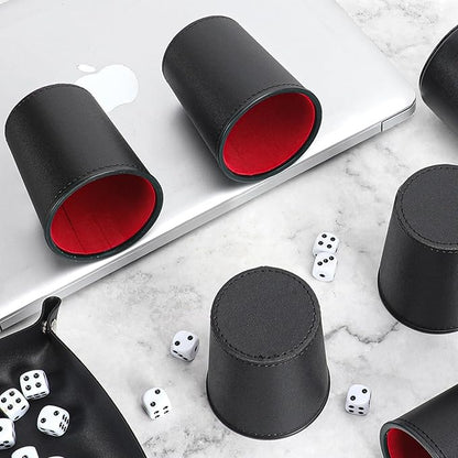 5X Dice Cup Set, PU Leather Dice Shaker Cups with 30 Dices for Bar Party Yahtzee Farkle Dice Games, Coffee (5, Black Red)