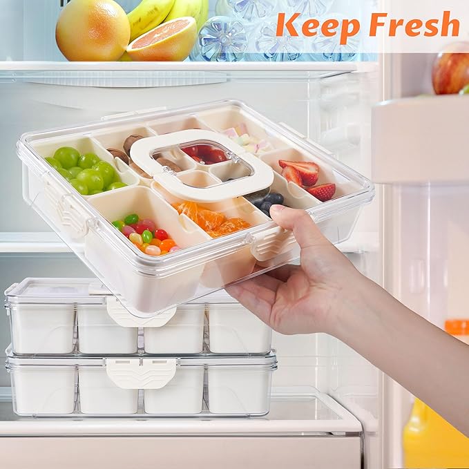 2 Pack Snackle Box Container - Dishwasher Safety Divided, Serving Tray with Lid and Handle - Charcuterie Board for Portable Snack Platters - Clear Organizer for Fruits Snacks,Perfect for Road Travel