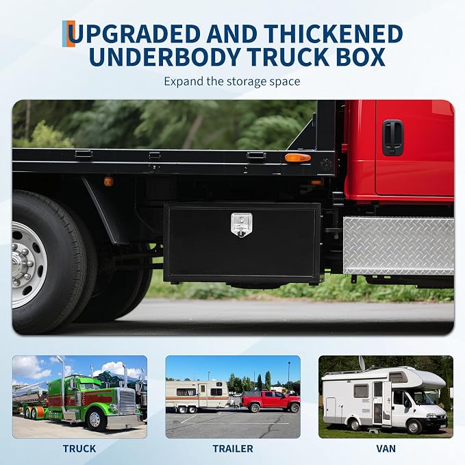 Black Steel Underbody Truck Box, 30"×18"×18" Pickup Storage Box, Heavy Duty Diamond Plate Tool Box with Lock and Keys, Waterproof Trailer Storage Box with T-Handle Latch for Truck, Van, Trailer