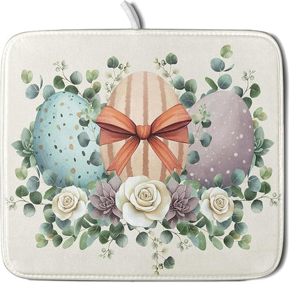 Happy Easter Eggs Dish Drying Mat 16x18 Inch Easter Day Eggs Flowers Dishes Pad