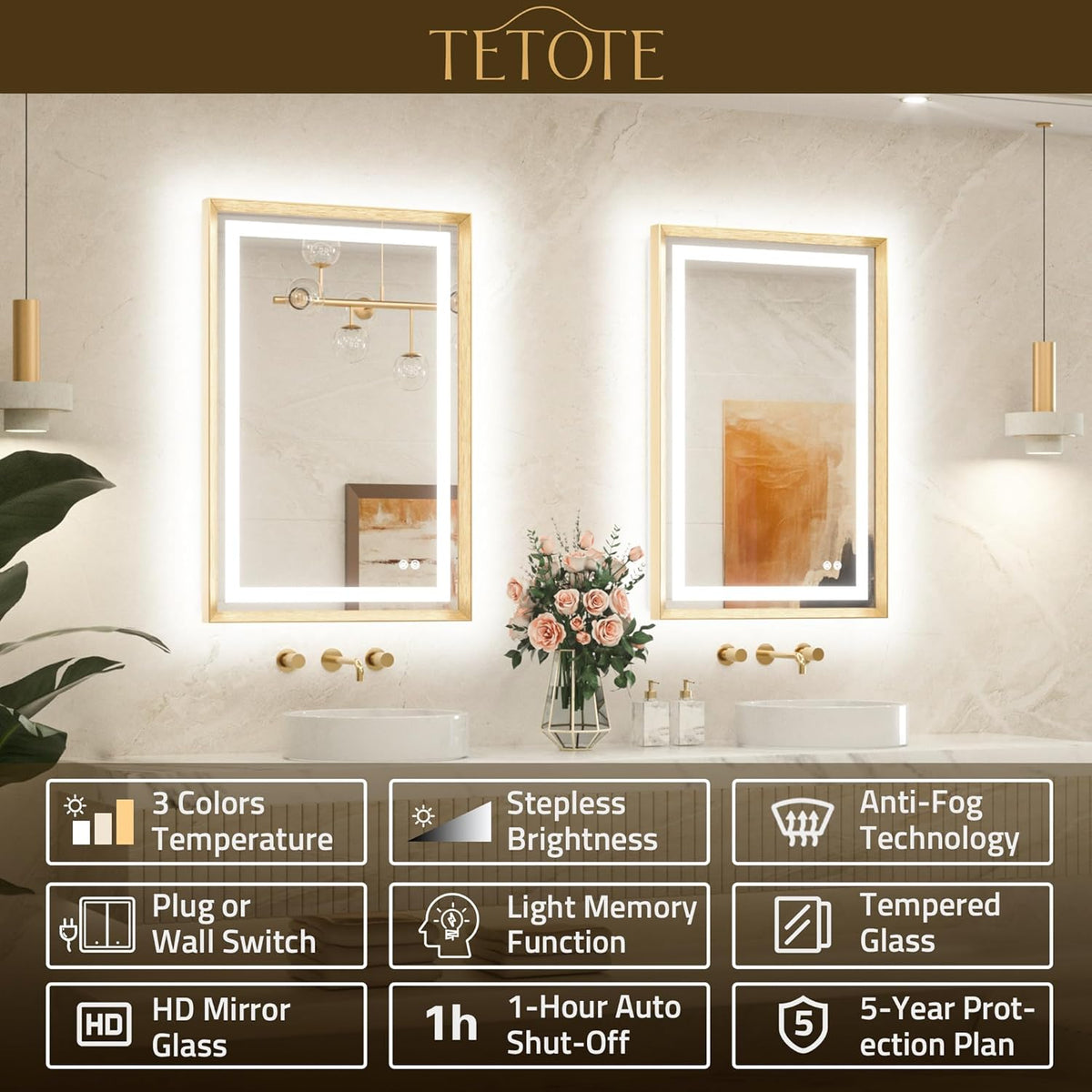Led Bathroom Mirror 30 x 30 with Brushed Gold Frame Anti-Fog Frontlit & Backlit Vanity Mirror Stepless Dimmable Lighted Mirrors for Bathroom Wall 3 Colors White/Warm/Natural Wall-Mounted