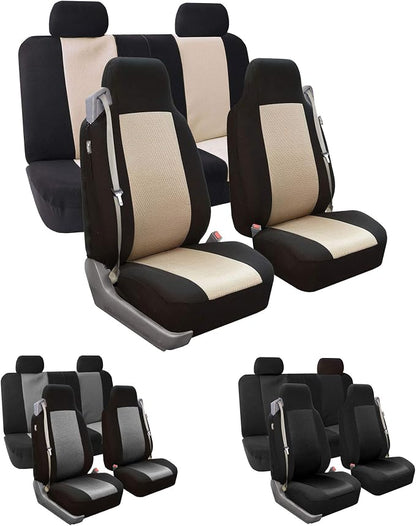 FH Group FH-FB302114 All Purpose Flat Cloth Car Seat Covers Beige/Black Color with F11306 Vinyl Floor Mats, Beige/Black Color - Fit Most Car, Truck, SUV, or Van