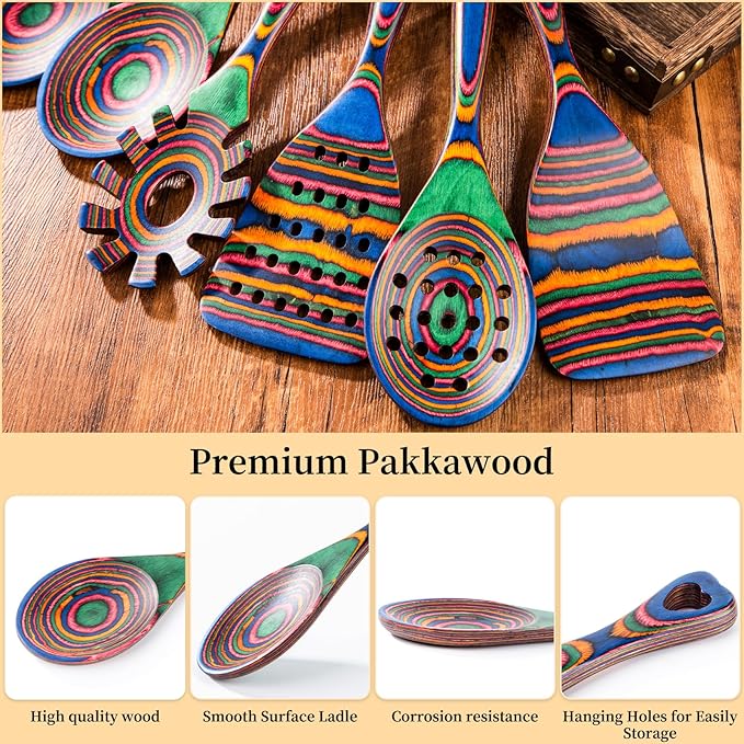 Gudamaye Pakkawood 7-Piece Wooden Cooking Utensils, Wooden Spoons