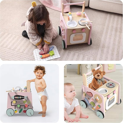 Wooden Baby Walker 9-in-1 Activity Center with Toddlers Montessori Sensory Toys and Play Kitchen Push Walker for Kids with Wheels and Storage Space, Ideal Gift for Girls Boys Ages 6-36 Month