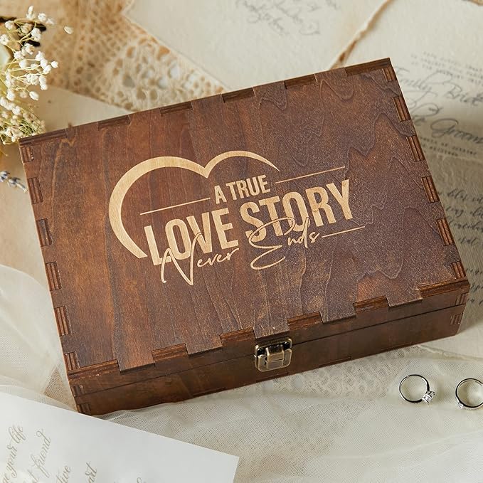 AW BRIDAL Engraved Wedding Memory Box with Lid, Wood Keepsake Boxes for Storage, Wedding Gifts for Couples, Bridal Shower and Bachelorette Gifts for Bride, Engagement Gifts for Newlyweds