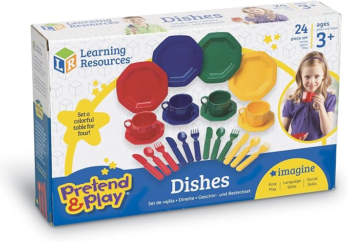 Learning Resources Play Dishes, Colorful Kitchen Toy Plate Set, 24 Piece Set, Ages 3+