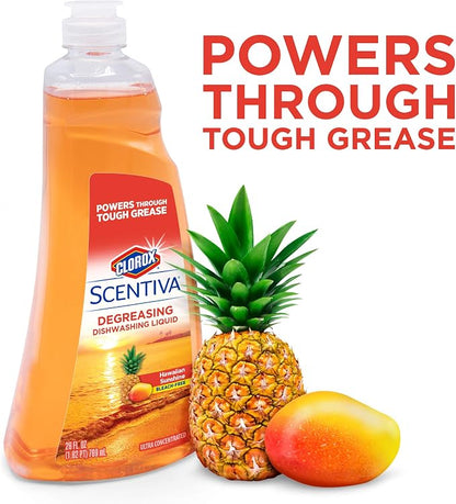 Clorox Scentiva Liquid Dish Soap, Hawaiian Sunshine Scent, Ultra-Concentrated Dishwashing Detergent, Grease Cutting Bleach-Free, 26 Fl Oz, 6 Pack