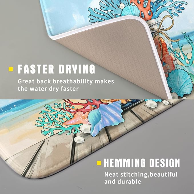 Coastal Coral Dish Drying Mat 16x18 inch Starfish Shell Fast Dry Microfiber