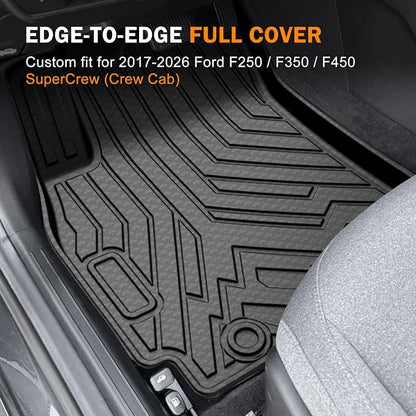 KUST Floor Mats for 2017-2026 Ford F250/F350/F450 Super Duty Crew Cab with Under-Seat Storage, All Weather Floor Liners for F250 Accessories Front Rear 2 Rows Truck Mats, TPE Rubber Raised Edge