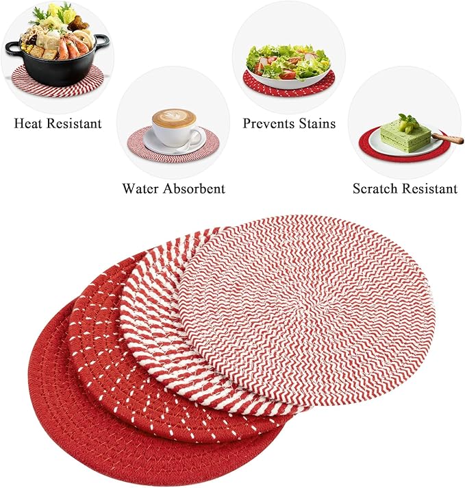 SHACOS 8 Inches Trivets for Hot Dishes, 4 Pieces Cotton Trivets Mats for Kitchen, Hot Pads for Countertops and Table, Heat-Resistant Pot Holders for Hot Pots and Pans(Red, 4pcs)