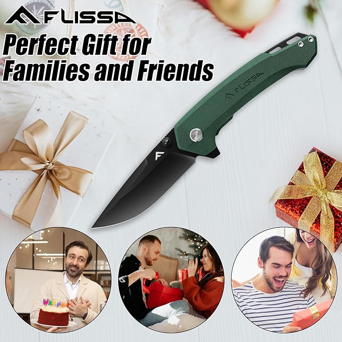 FLISSA Pocket Folding Knife, 3.2??D2 Blade G10 Handle EDC Knife with Pocket Clip Liner Lock for Hunting, Camping, Survival, Outdoor Activities(Green)