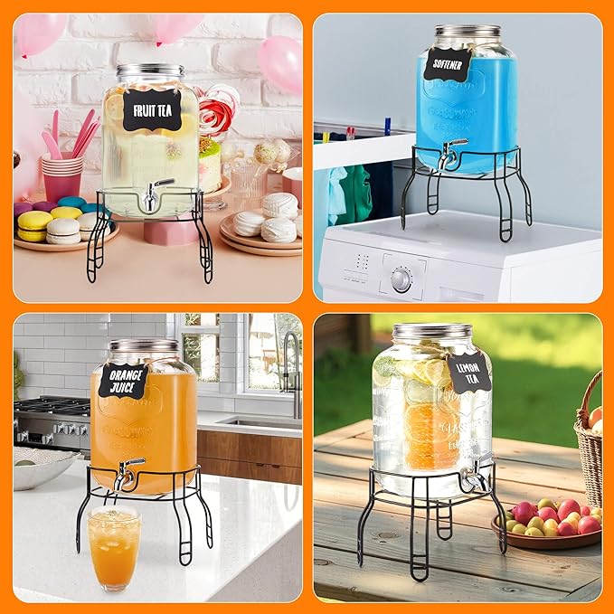 2 Gallon Large Glass Drink Dispenser Set, Beverage Dispensers