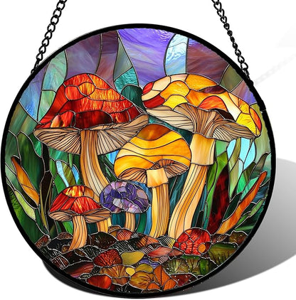 DASTOLL Stained Glass Window Hanging, Jungle Mushrooms Sun Catchers Diamond