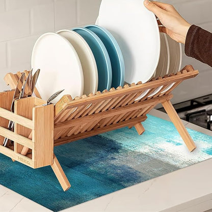 Teal Grey Abstract Art Dish Drying Mat, Drying Rack Pad Countertop Dishes Ultra