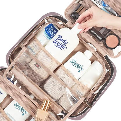 NISHEL Travel Toiletry Bag for women, Portable Hanging Organizer for Full-Sized Shampoo, Conditioner, Brushes Set, Makeup Accessories, Large Size, Peach Pink