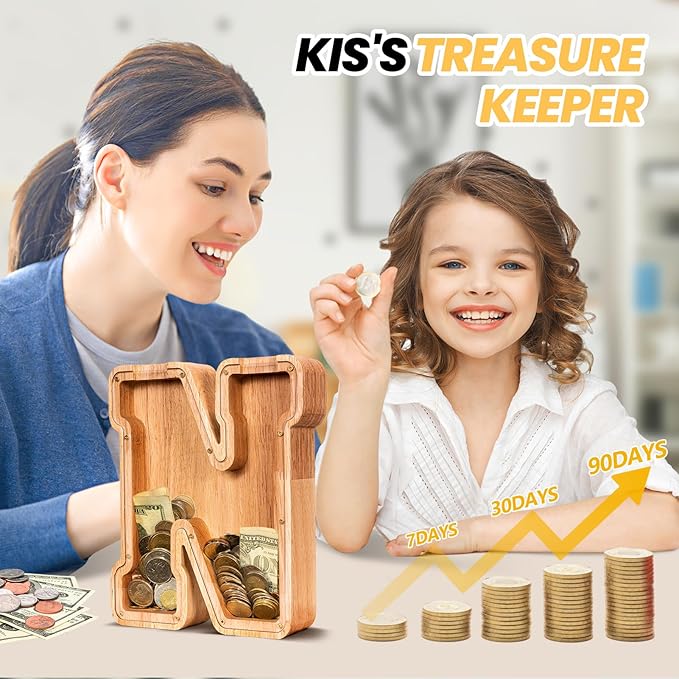 KMC Wooden Letter Piggy Bank, Personalized Initial Piggy Bank for Kids Boys, Clear Alphabet N Wood Money Box, Unbreakable Coin Saving Jar, Birthday, for Children