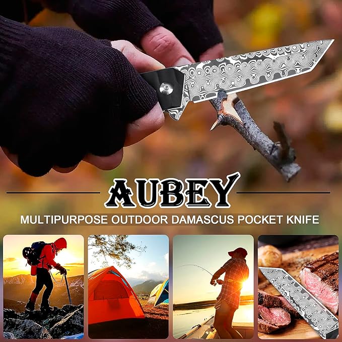 AUBEY Damascus Pocket Knife with Clip, Tanto Blade Damascus Steel Folding Knives for Men Tactical, Aluminum Handle with Glass Breaker for EDC Camping Gift
