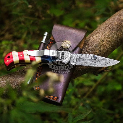Damascus Steel Pocket Knife with Clip and Leather Sheath - EDC Knife for Outdoor and Camping Activities, Handmade Folding Knife, Free knife Sharpner (American Flag handle) (American Flag Handle)