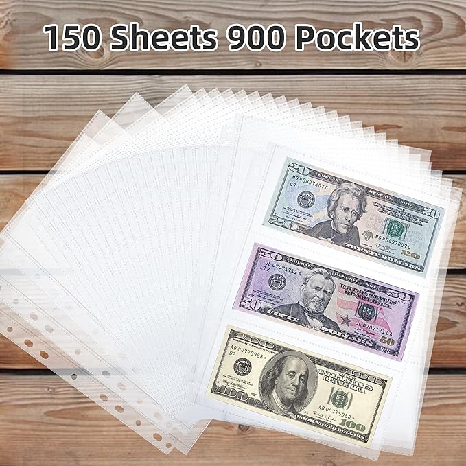 150-Sheets Double-Side 3-Pocket Currency Pages - 11 Holes for Currency Binder, 900 Pockets Paper Money Collection Pages for Dollar Bills, Banknotes and Coupons, Currency Sleeves Collecting Album Pages