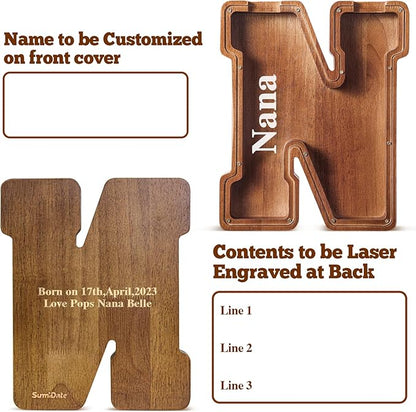 Summidate Customized Name Extra Large Wooden Piggy Bank for Kids Boys Girls Alphabets Letter A-Z Coins Bills Money Change Saving Box Clear Cover (Laser Engraved) Educational Toys 12"- Letter M