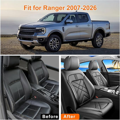 Ranger Car Seat Covers Custom Fit for Ford Ranger 2019-2025 2026, Full Coverage Leather Waterproof Breathable Seat Covers Full Set, Automotive Seat Protectors, Airbag Compatible(5 Seats, Black)