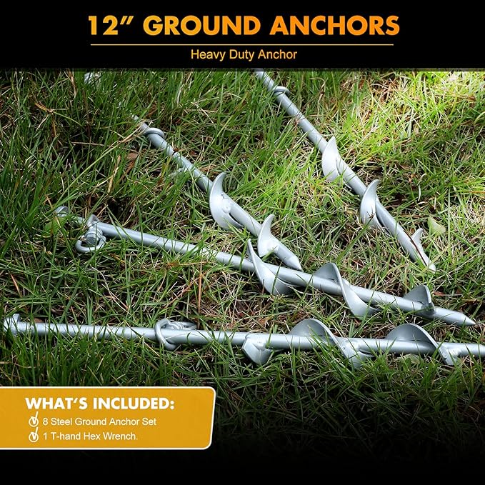 Zhengmy 8 Pcs Ground Anchors Screw in, 12 Inch Heavy Duty Tent Stakes with Trampoline Anchor Hook Ground Stakes for Camping Tent Canopies Ports Sheds Swing Sets Securing Animals (Silver)