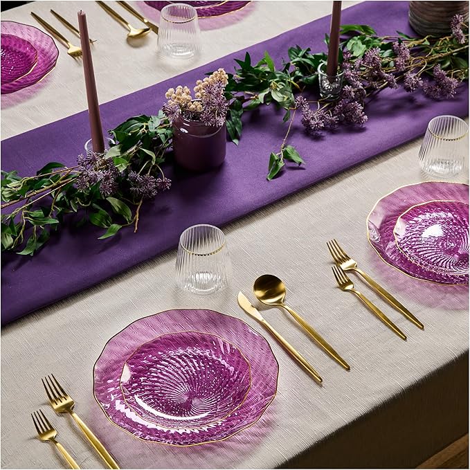 PLASTICPRO 60 Pack Plastic Plates Set of 30-10 inch Plates and 30-7 inch Plate, Elegant Clear Purple Spiral and Gold Rim Disposable Fancy Plate Premium Heavyweight