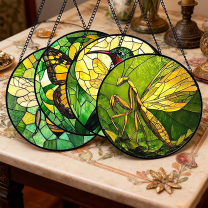 DASTOLL Stained Glass Window Hanging 4 Pcs Set Green Plants Yellow Insect Theme
