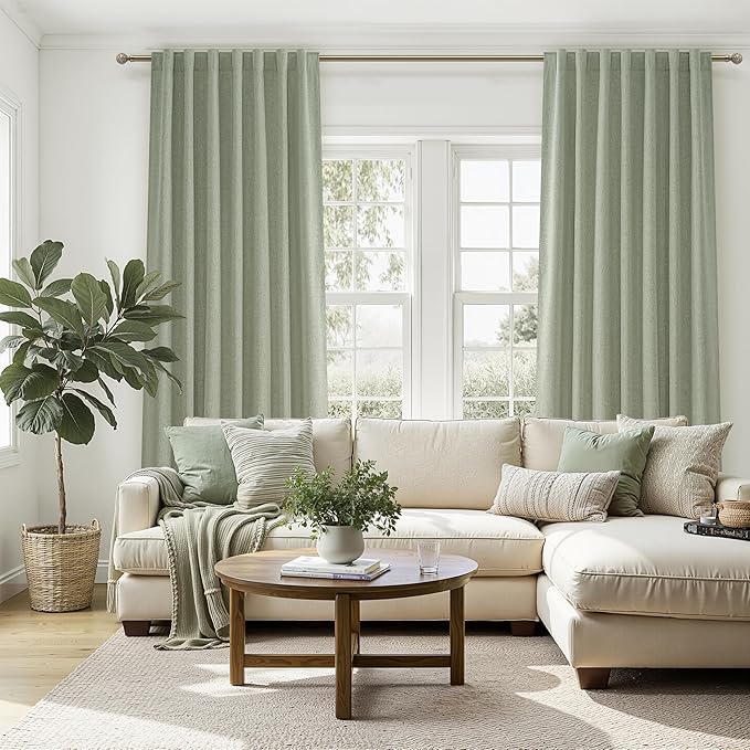 Sage Green Blackout Linen Curtains 108 Inches Long