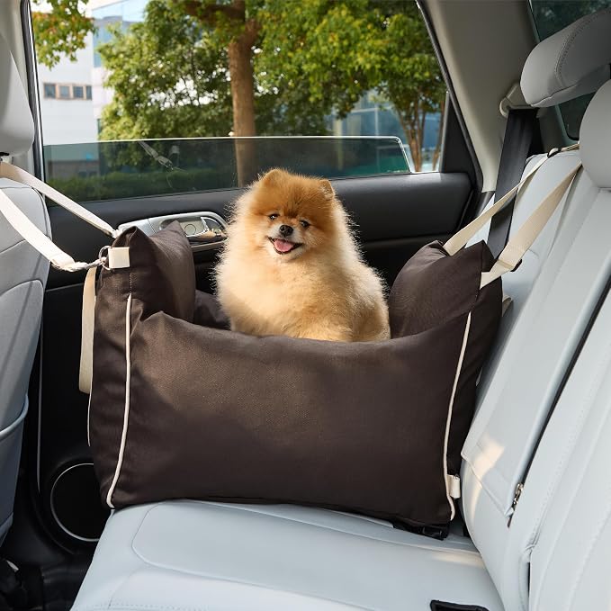 Lesure Small Dog Car Seat for Small Dogs - Soft Dog Booster Seat for Car with Storage Pocket and Clip-On Safety Leash and Thickened Memory Foam Filling, Pet Travel Carrier Bed Brown