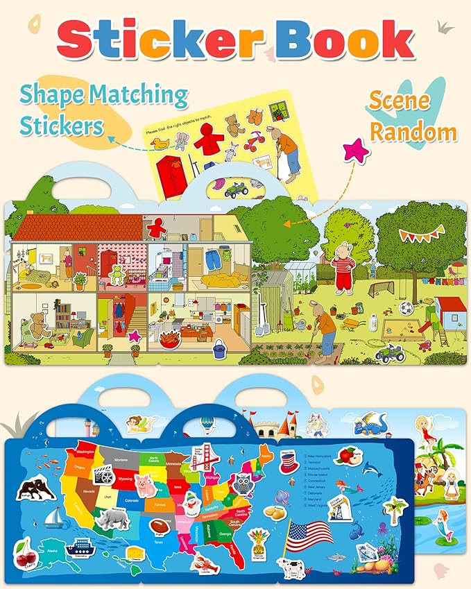 Benresive Reusable Sticker Books for Kids 2-4, Sticker Books for Toddlers 1-3 2-4, Toddler Travel Toys Activities Crafts Gifts - America Map, Fairy, My House