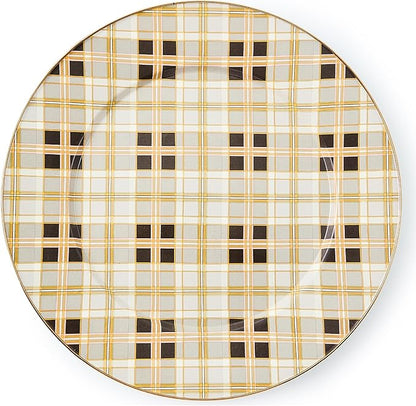MACKENZIE-CHILDS Enamel Serving Platter, Decorative Serving Platter for Food, 16 Inches, Brown-and-White Tartan Mocha