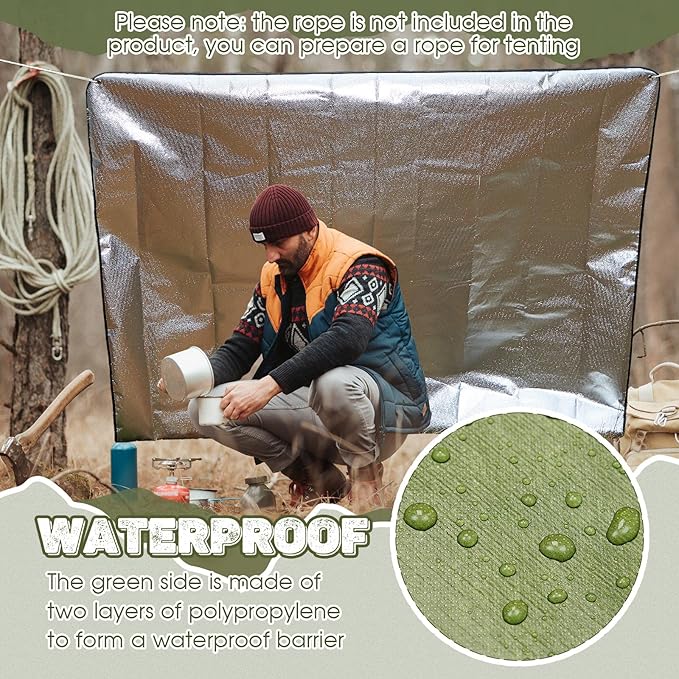 Kingdder 1 Pcs Heavy Duty Emergency Blanket for Survival 60 x 82 Inches Thermal Tarp Insulated Tent Camping Tarp Infrared Blocked Blankets for Rescue Camping Hiking(Green)