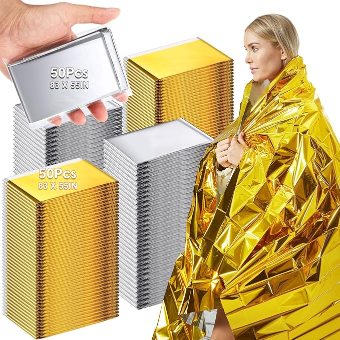 100 Pack Emergency Foil Thermal Blanket Bulk 83 x 55'' Waterproof Space First Aid Survival Blanket for Outdoors, Camping, Hiking, Homeless, First Aid, 50 Pc Silver 50 Pc Gold Silver