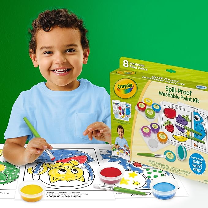 Crayola Spill Proof Paint Set (8ct), Stocking Stuffer & Holiday Gifts for Toddlers, Washable Toddler Paint Kit, With Brushes, Pots, Activity Pages, Ages 3+
