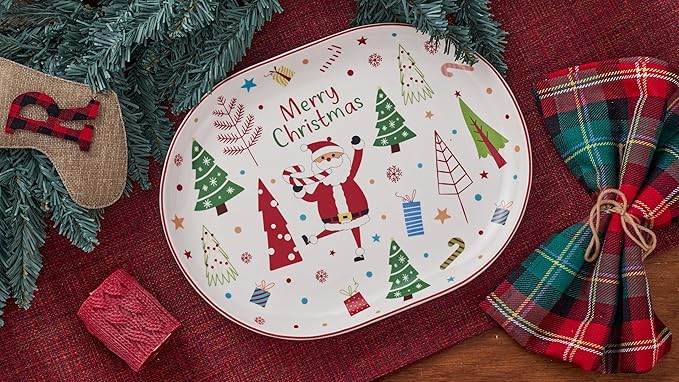 Bico Christmas Merry Crew Ceramic 16 inch plus 12 inch Ceramic Oval Platter, Set of 2, for Serving Turkey, Steak, Salad, Microwave & Dishwasher Safe