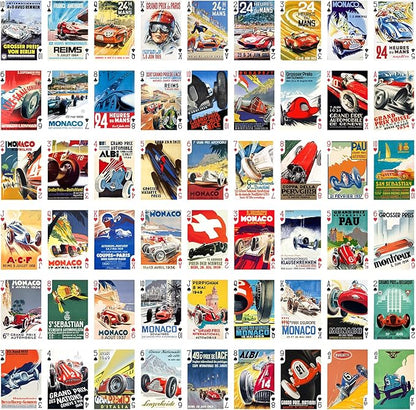 CAR Racing Playing Cards (Poker Deck 54 Cards All Different) Vintage Retro Car Racing Travel Posters