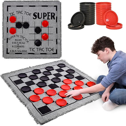 3-in-1 Vintage Giant Checkers Set, Tic Tac Toe with Reversible Mat, 24 Jumbo Chips, Family Board Game, Lawn Game, BBQ Party Favor, Indoor and Outdoor Activity for Kids and Adults