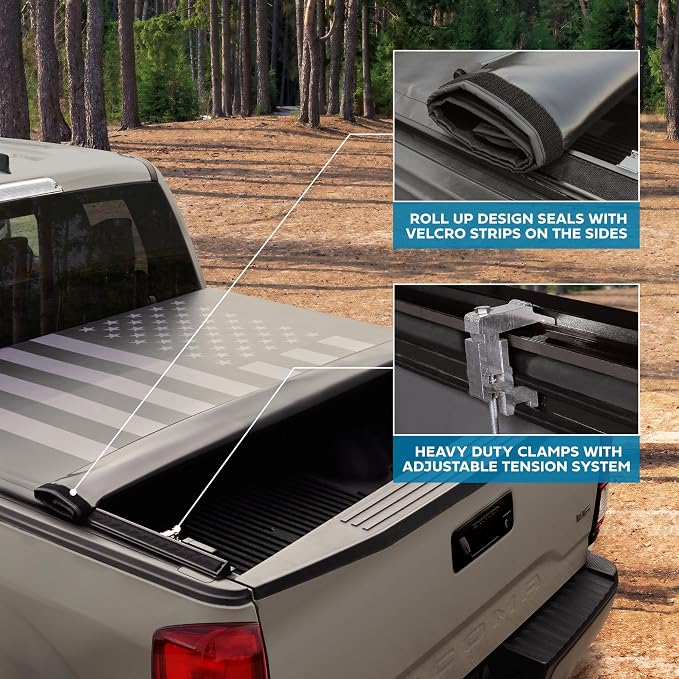 American Flag Tonneau Cover for Toyota Tacoma 2016-2023 Soft Roll Truck Bed Cover for TACOMAS with Short Bed 5’ with Deck Rail System All Weather Roll-Up for Toyota Tacoma Tonneau Cover