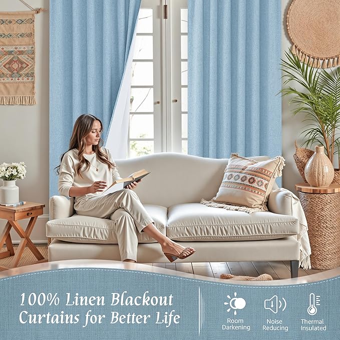 LAMIT 100% Blackout Stone Blue Linen Curtains, 63 Inches Linen Textured Thermal