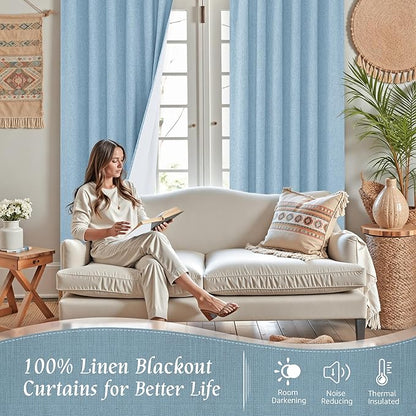 LAMIT 100% Blackout Stone Blue Linen Curtains, 63 Inches Linen Textured Thermal