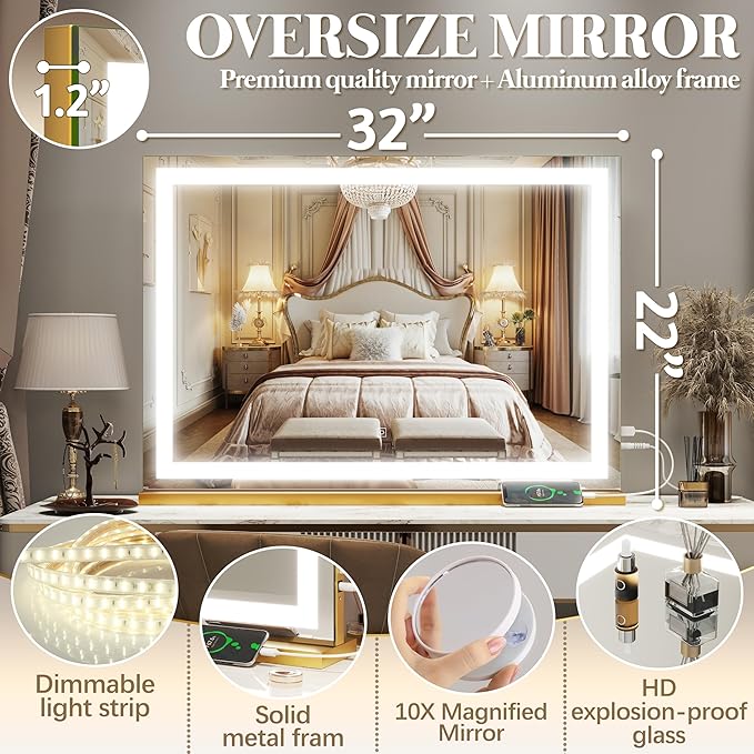 FENNIO Vanity Mirror with Lights 32"x22", Lighted Makeup Mirror, Large Vanity