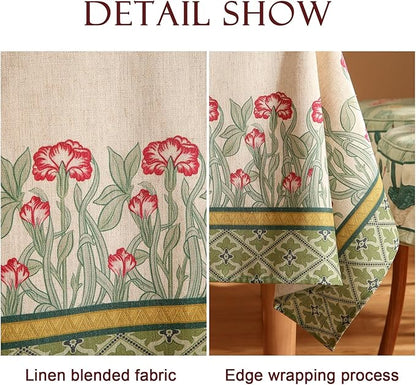 patdrea Designer Vintage Linen Rectangle Table Cloth,Floral Leaves Pattern Anti-Wrinkle Green Tablecloth,Decor Table Cover for Kitchen Dining Christmas,Party,Thanksgiving,63"x87"-Cecilia D