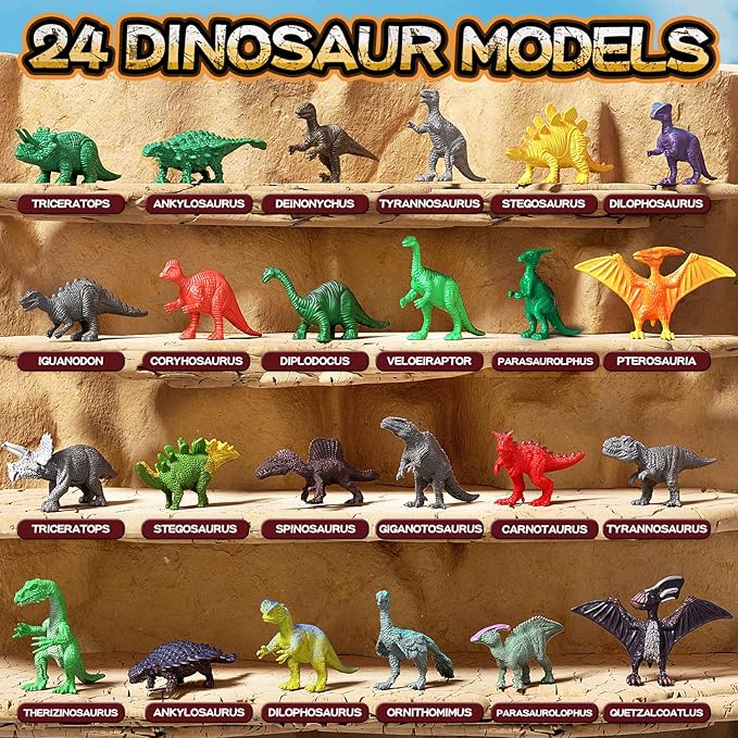 24 Dinosaurs Excavation Kit, Dino Egg Dig Kit with Magnifier, Surprise Dinosaur Toys for Kids 3 4 5 6 7 8 9 10 11 12 Years Old, Science Experiments STEM Birthday Party Favors Gifts for Boys & Girls