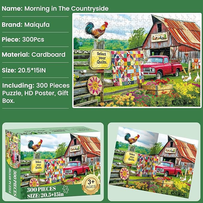300 Pieces Puzzle for Adults,Fun Country Life Farm Puzzle,Recycled Cardboard Animals Jigsaw Puzzles 300 Piece,Challenging Game Home Decor Birthday Party Gift Toy for Adults Kids Seniors 20.5*15 inch