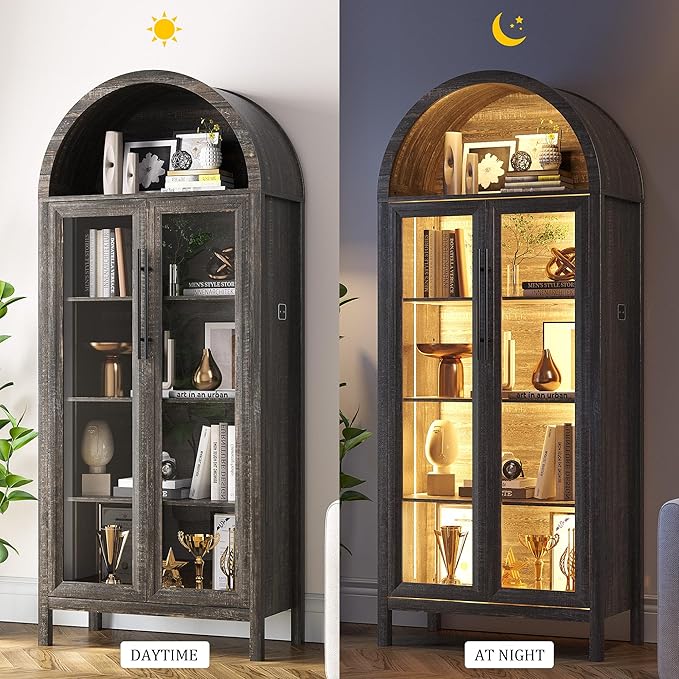 Arched Kitchen Pantry Cabinet with Glass Doors, Display Curio Case with 3 Color LED Lights for Collectibles, Modern 5-Tier Storage Hutch Cabinet Brown