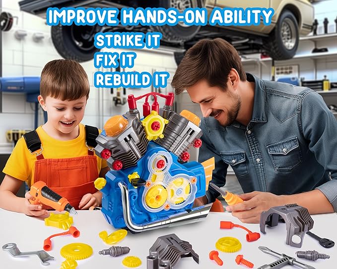 Engine Building Kit, Kids Mechanic Repair Set for Kids Motorcycle Engine，Take Apart Toys-42pc Playset，STEM Engine Model Kit Toy with Cool Lights&Sounds，Educational Toys for 3+ Year Old (Blue)