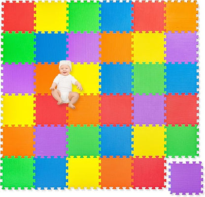 Non-Toxic Extra-Thick 36 Piece Children Play & Exercise Mat - Comfortable Cushiony Foam Floor Puzzle Mat, 6 Vibrant Colors for Kids & Toddlers