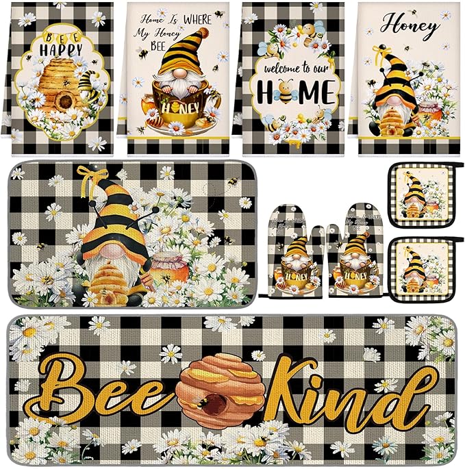 Fourluoo 10 Pcs Bee Kitchen Decor Set 4 Kitchen Towels 2 Pot Holders 2 Oven