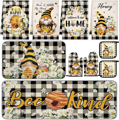 Fourluoo 10 Pcs Bee Kitchen Decor Set 4 Kitchen Towels 2 Pot Holders 2 Oven
